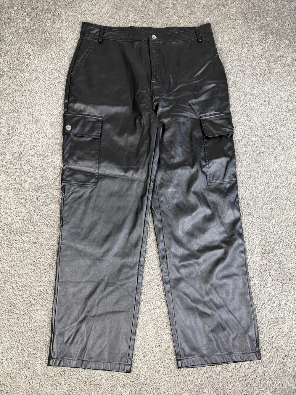 NiMin Pants Womens XL Black Faux Leather Cargo Lined Pockets Zip 31 Inseam